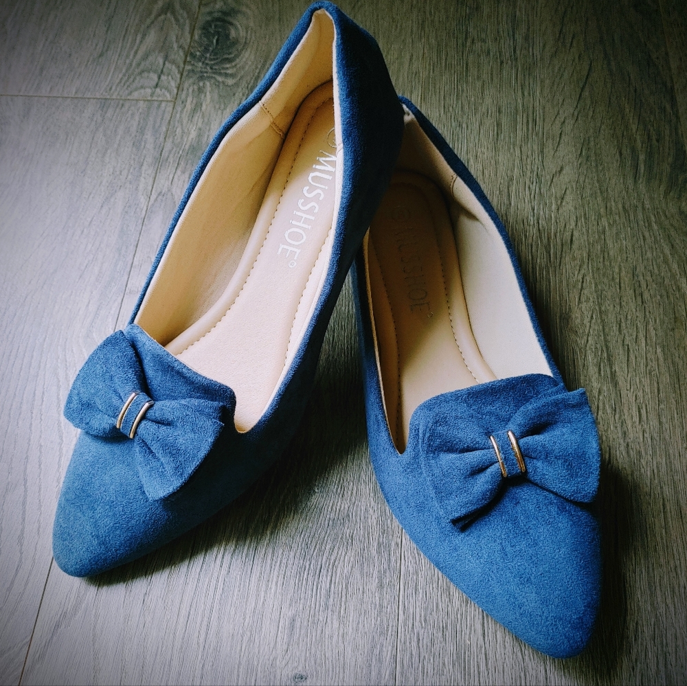 Musshoe Memory Foam Comfortable Navy Bow Flats